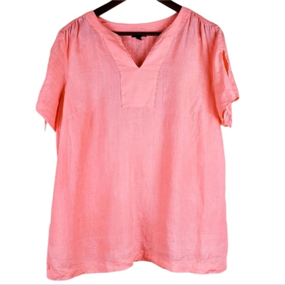 TALBOTS Coral Pink Linen Short Sleeve V-Neck Blouse – Size L